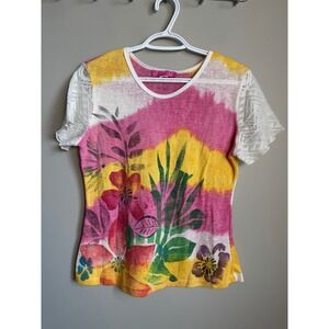 Crazy Fish Hawaii Floral Tie Dye Crochet Lace Sleeve Cotton Knit Top Large